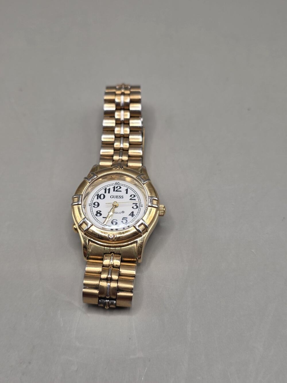 Vintage Guess Indiglo Quartz Watch Two Tone Gold Link Band White Dial 90s